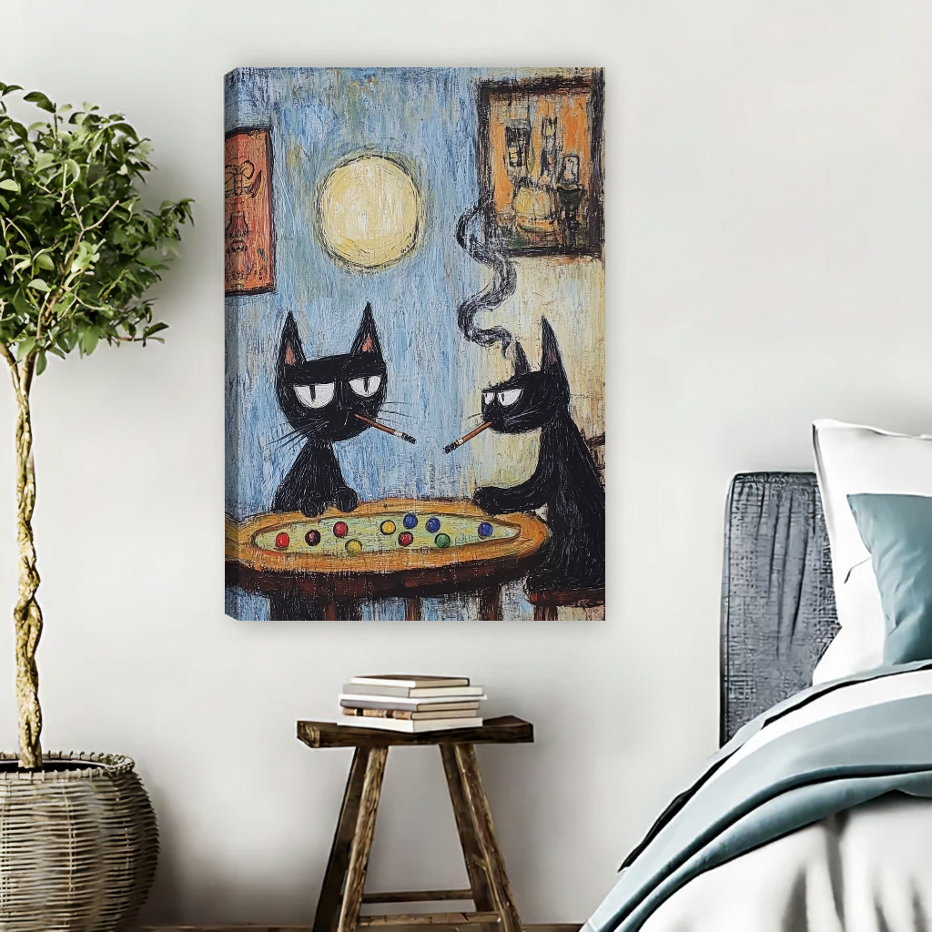 Funny Billiard Room Cats canvas art unframed beside muted blue bedding and a potted tree.