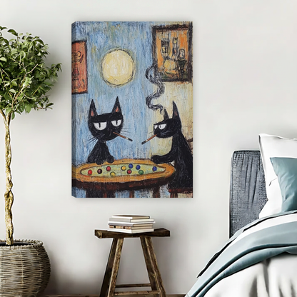 Funny Billiard Room Cats canvas art unframed beside muted blue bedding and a potted tree.