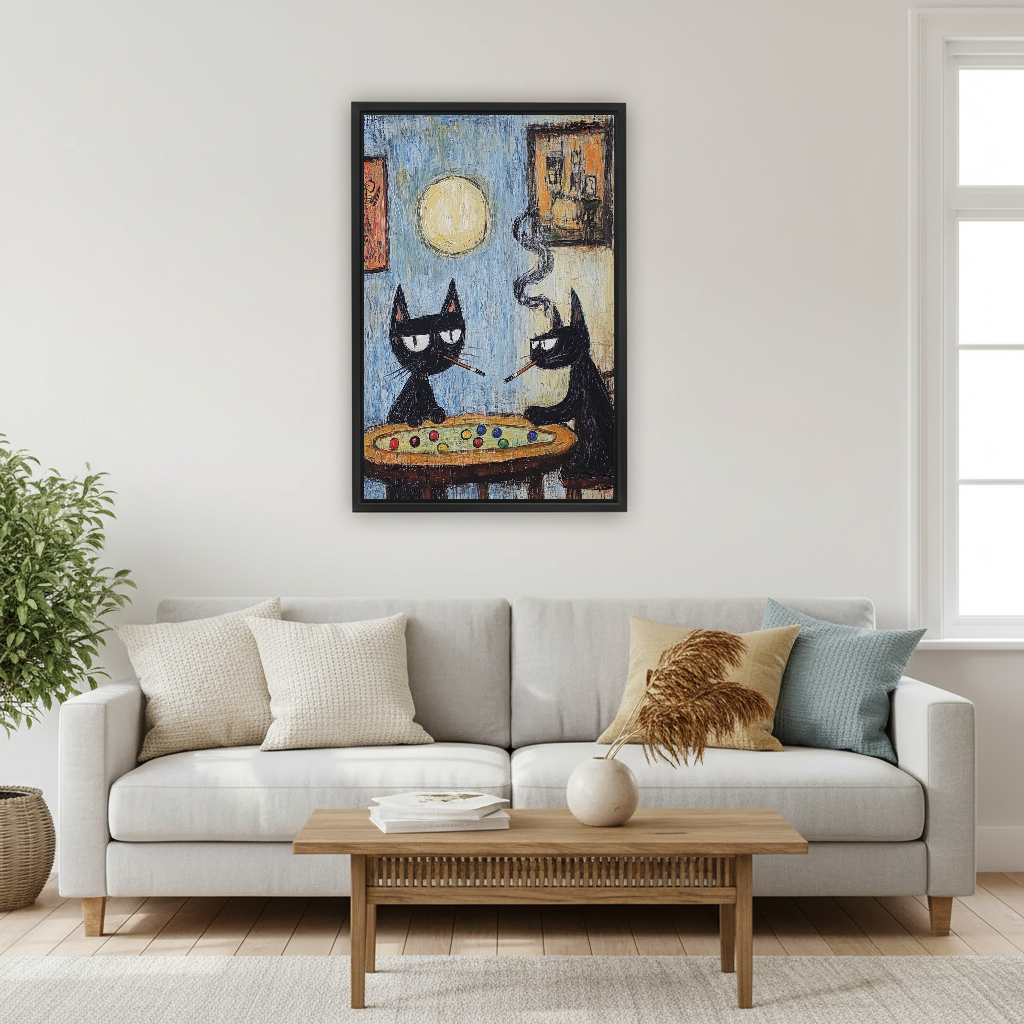 Funny Billiard Room Cats canvas art framed above a pale sofa and wooden coffee table.