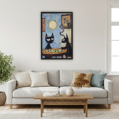 Funny Billiard Room Cats canvas art framed above a pale sofa and wooden coffee table.