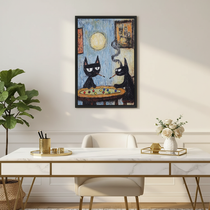 Funny Billiard Room Cats canvas art framed above a slim gold desk with flowers.