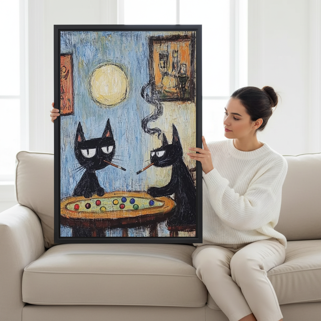Funny Billiard Room Cats canvas art held framed by a seated woman beside a window.