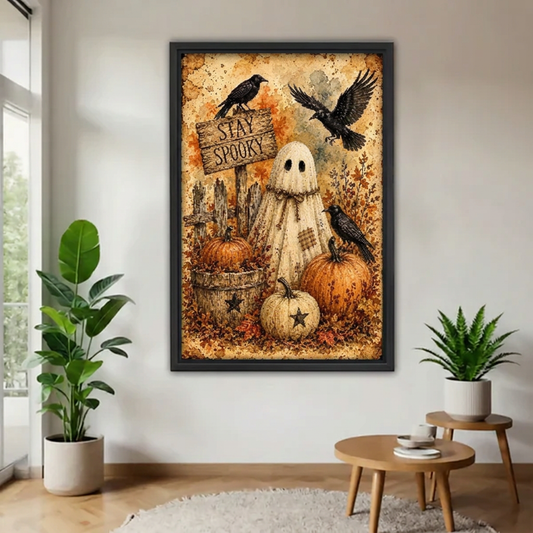 Black-framed Stay Spooky ghost wall art featuring pumpkins and black birds, displayed between green plants above round wooden tables.