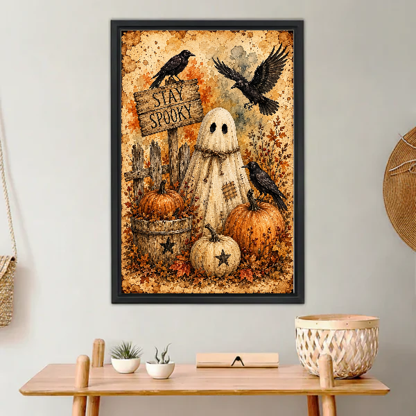 Stay Spooky Ghost Ravens canvas art framed above a wooden console with small plants.