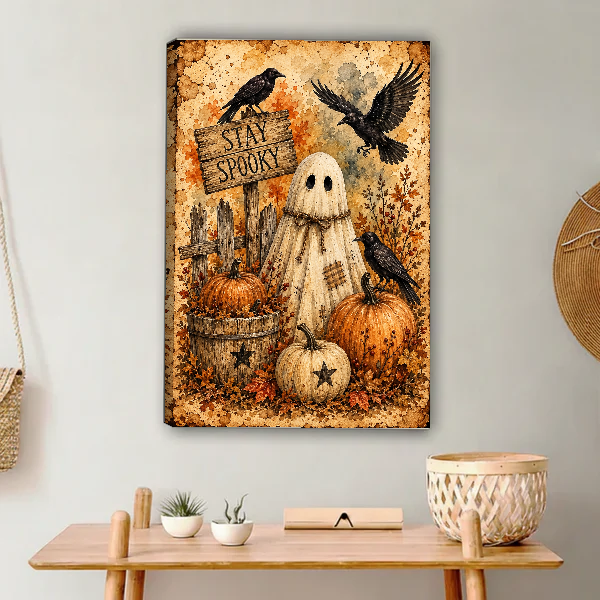 Stay Spooky Ghost Ravens canvas art unframed above a wooden console with woven accessories.