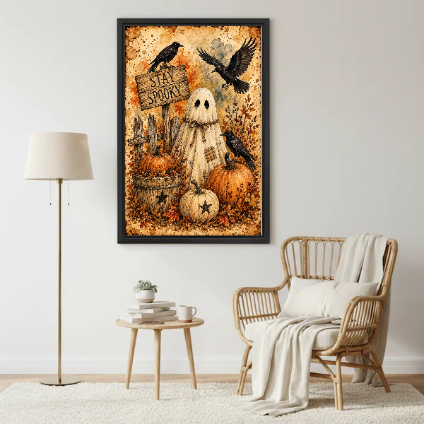 Stay Spooky Ghost Ravens canvas art framed above a rattan reading chair and cream throw.