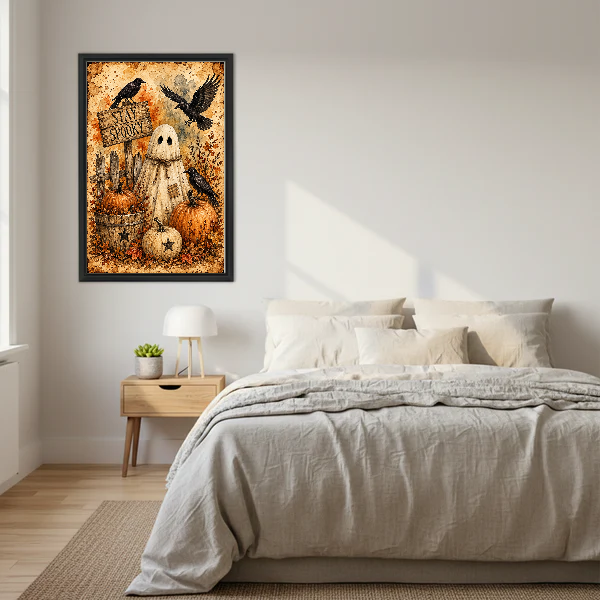 Stay Spooky Ghost Ravens canvas art framed above a cream bed with neutral bedding.