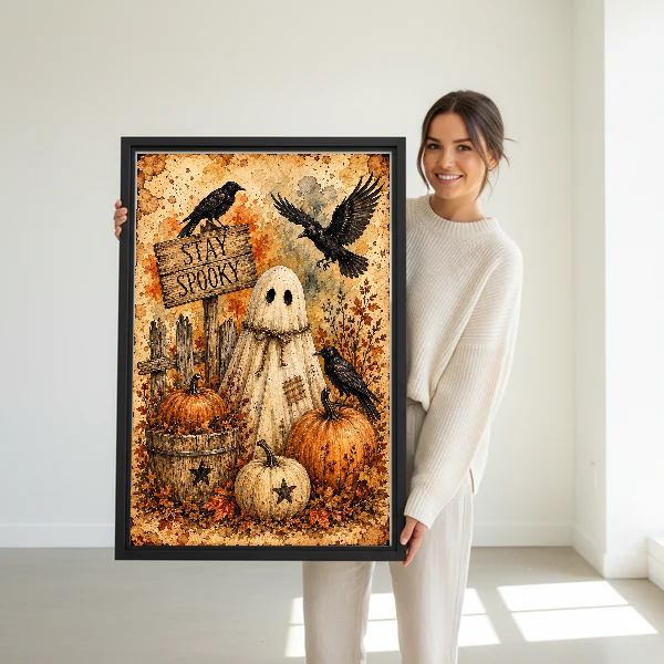 Stay Spooky Ghost Ravens canvas art held framed by a woman in a bright interior.