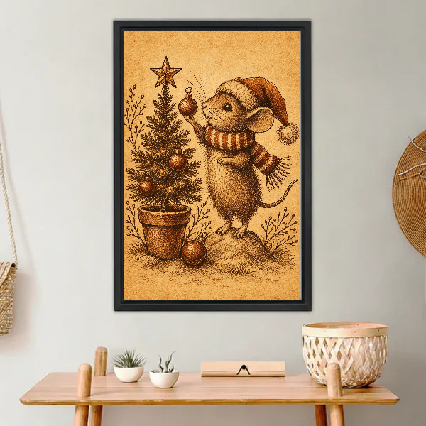 Christmas Mouse Tree Ornament canvas art framed above a wooden console with small plants.