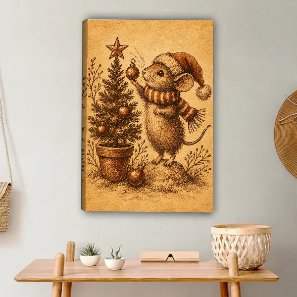 Christmas Mouse Tree Ornament canvas art unframed above a wooden console with woven accessories.