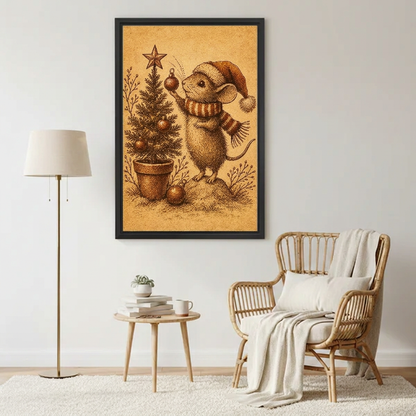 Christmas Mouse Tree Ornament canvas art framed above a rattan reading chair and cream throw.