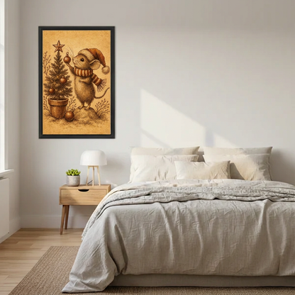 Christmas Mouse Tree Ornament canvas art framed above a cream bed with neutral bedding.