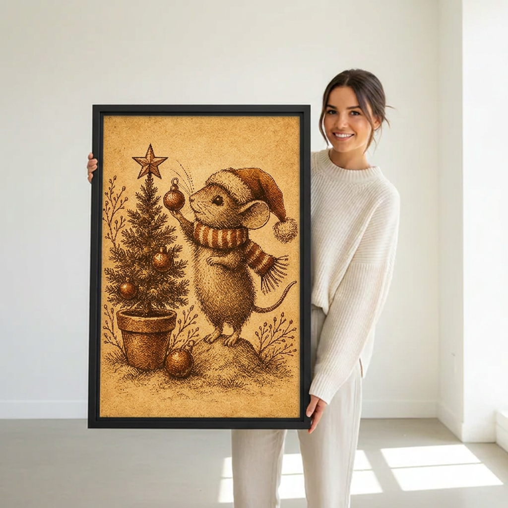 Christmas Mouse Tree Ornament canvas art held framed by a woman in a bright interior.