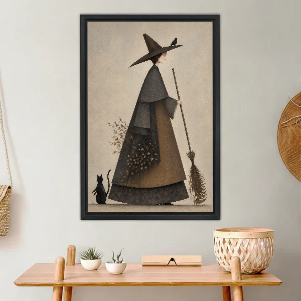 Quiet Witch Cat Canvas Wall Art framed above a light wood console with cacti.