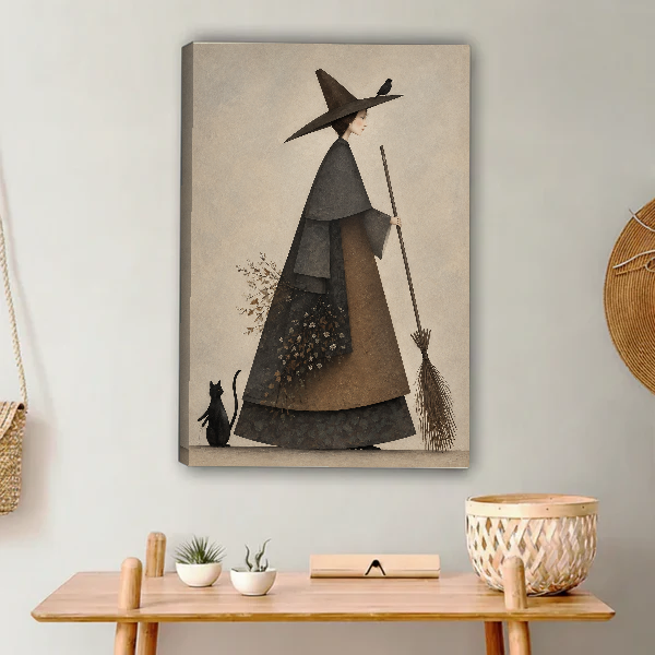 Quiet Witch Cat Canvas Wall Art unframed above a light wood console and woven basket.