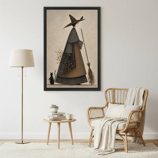 Quiet Witch Cat Canvas Wall Art framed beside a wicker armchair with floor lamp.