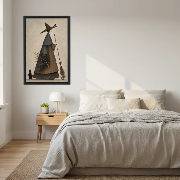 Quiet Witch Cat Canvas Wall Art framed above a cream bed with wooden nightstands.