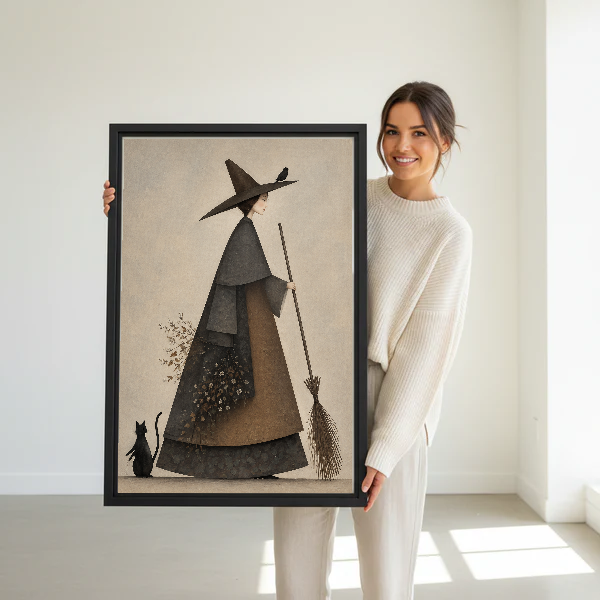 Quiet Witch Cat Canvas Wall Art held in a black frame by a standing woman in white.