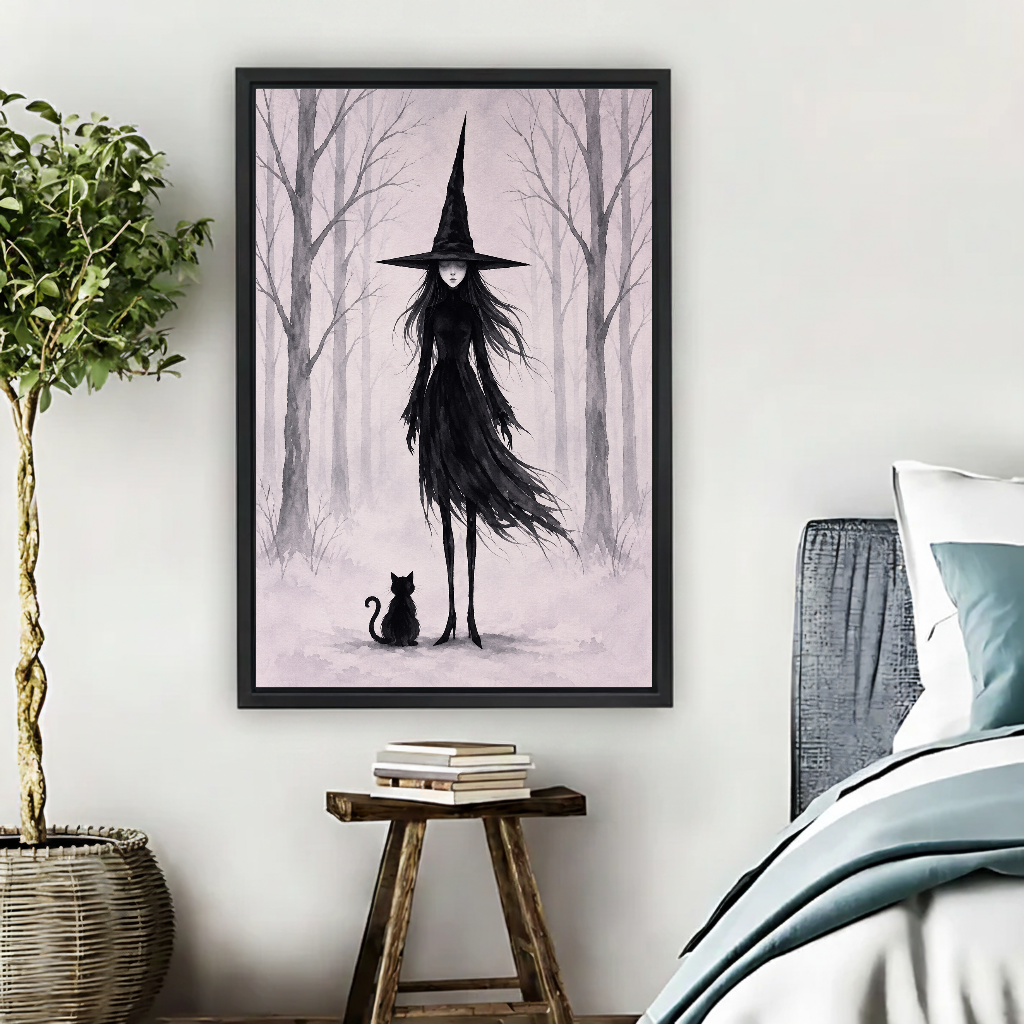 Misty Forest Witch Canvas Wall Art framed beside a blue bed with books and leafy plant.