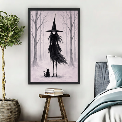 Misty Forest Witch Canvas Wall Art framed beside a blue bed with books and leafy plant.