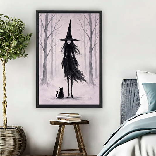 Misty Forest Witch Canvas Wall Art framed beside a blue bed with books and leafy plant.