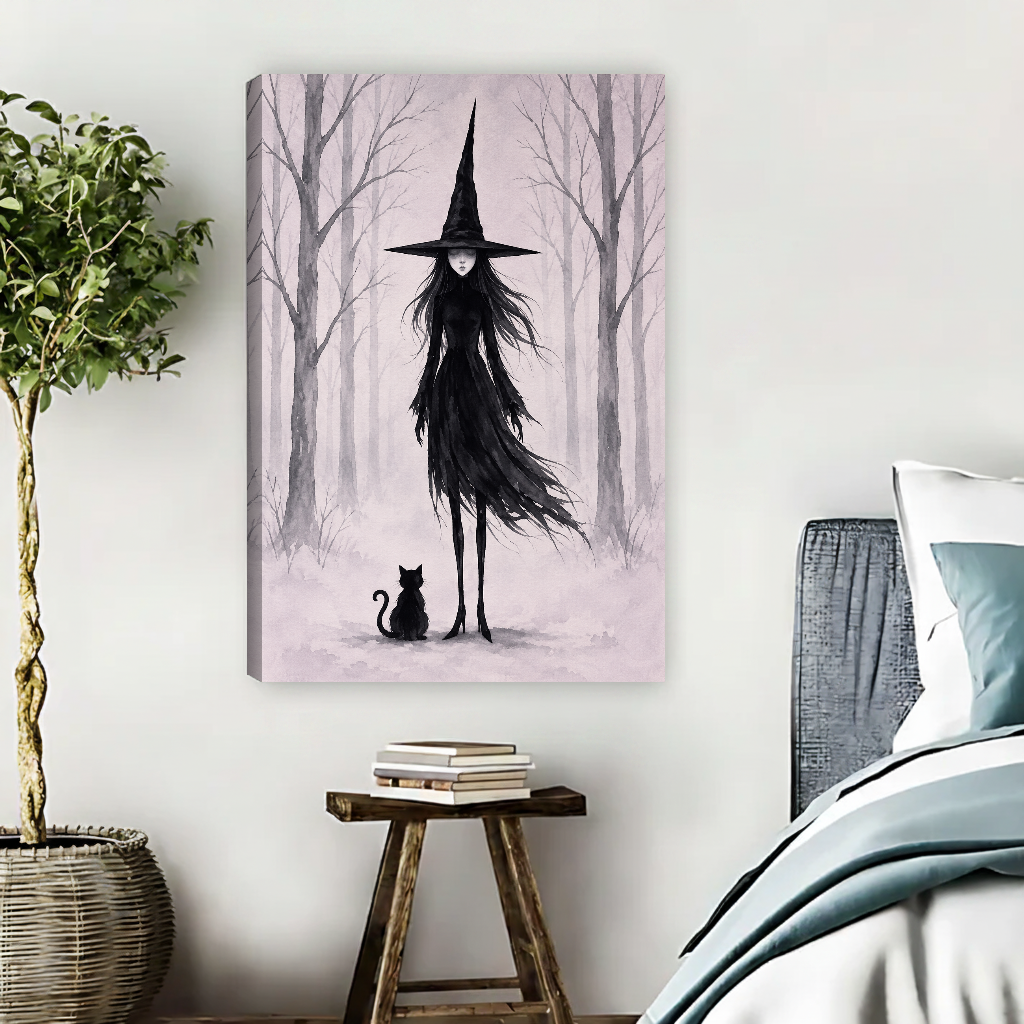Misty Forest Witch Canvas Wall Art unframed beside a blue bed and wooden book stool.