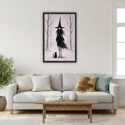 Misty Forest Witch Canvas Wall Art framed above a pale gray sofa and wood coffee table.