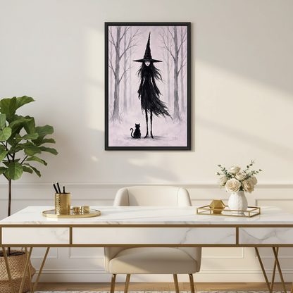Misty Forest Witch Canvas Wall Art framed above a white desk with flowers and gold accents.