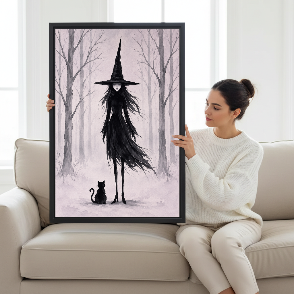 Misty Forest Witch Canvas Wall Art held in a black frame by a woman seated on a pale sofa.