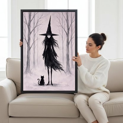 Misty Forest Witch Canvas Wall Art held in a black frame by a woman seated on a pale sofa.