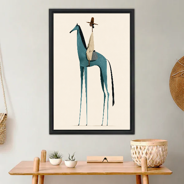 Minimalist Teal Horse Canvas Wall Art framed above a light wood console with cacti.