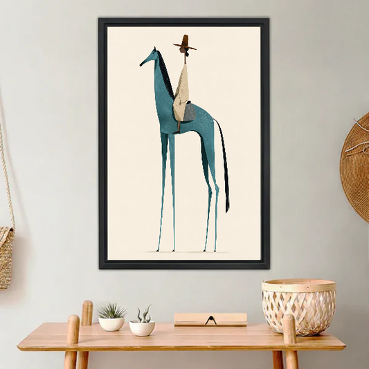 Minimalist Teal Horse Canvas Wall Art framed above a light wood console with cacti.