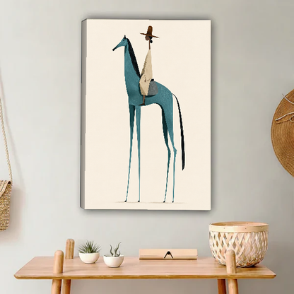 Minimalist Teal Horse Canvas Wall Art unframed above a light wood console and woven basket.