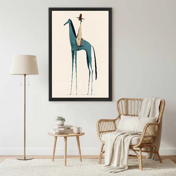Minimalist Teal Horse Canvas Wall Art framed beside a wicker armchair with floor lamp.