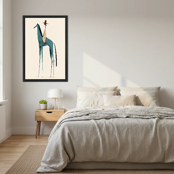 Minimalist Teal Horse Canvas Wall Art framed above a cream bed with wooden nightstands.