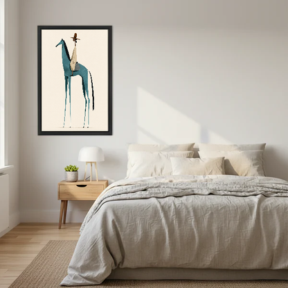 Minimalist Teal Horse Canvas Wall Art framed above a cream bed with wooden nightstands.