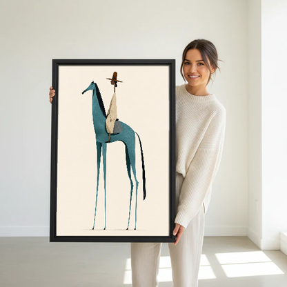 Minimalist Teal Horse Canvas Wall Art held in a black frame by a standing woman in white.