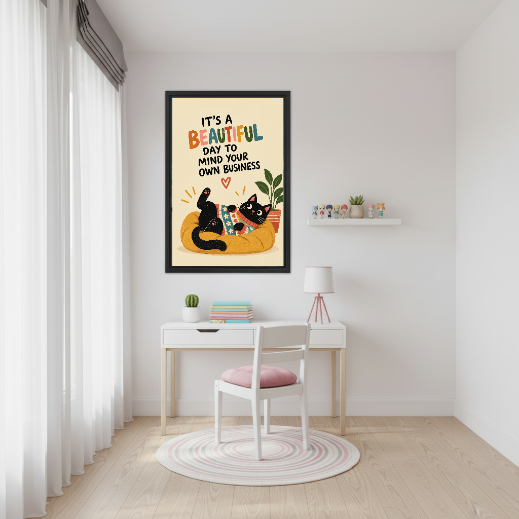 Funny Lounging Cat Canvas Wall Art framed above a white study desk with pink chair.