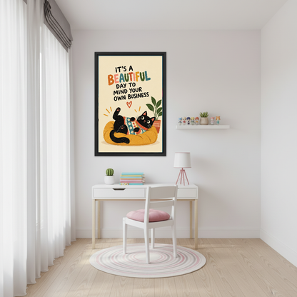 Funny Lounging Cat Canvas Wall Art framed above a white study desk with pink chair.