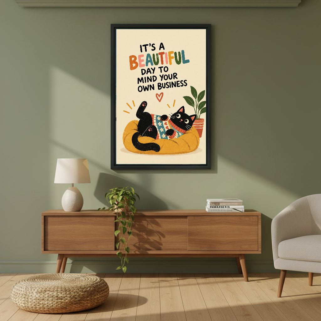 Funny Lounging Cat Canvas Wall Art framed above a wood console against an olive wall.