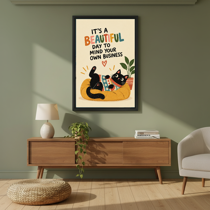 Funny Lounging Cat Canvas Wall Art framed above a wood console against an olive wall.