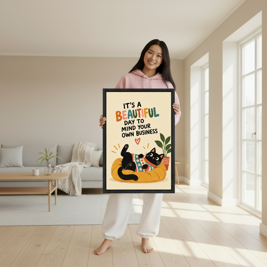 Funny Lounging Cat Canvas Wall Art held in a black frame by a woman wearing pink.