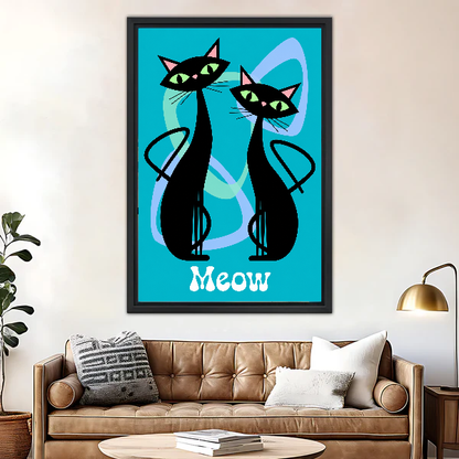 Retro Black Cats Canvas Wall Art framed above a brown leather sofa with brass lamp.