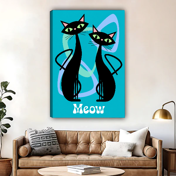 Retro Black Cats Canvas Wall Art unframed above a brown leather sofa and coffee table.