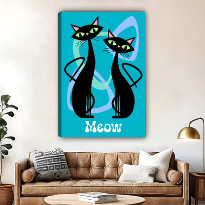 Retro Black Cats Canvas Wall Art unframed above a brown leather sofa and coffee table.