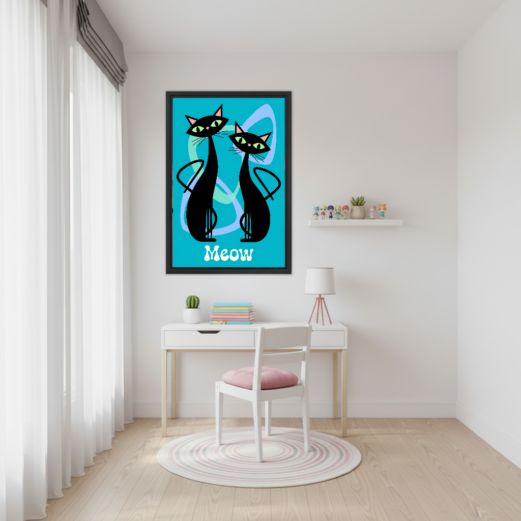Retro Black Cats Canvas Wall Art framed above a white study desk with pink chair.