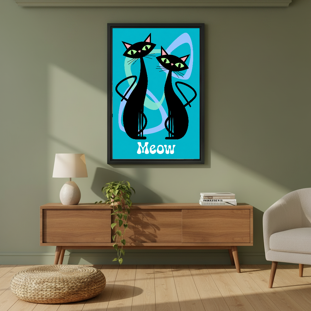 Retro Black Cats Canvas Wall Art framed above a wood console against an olive wall.