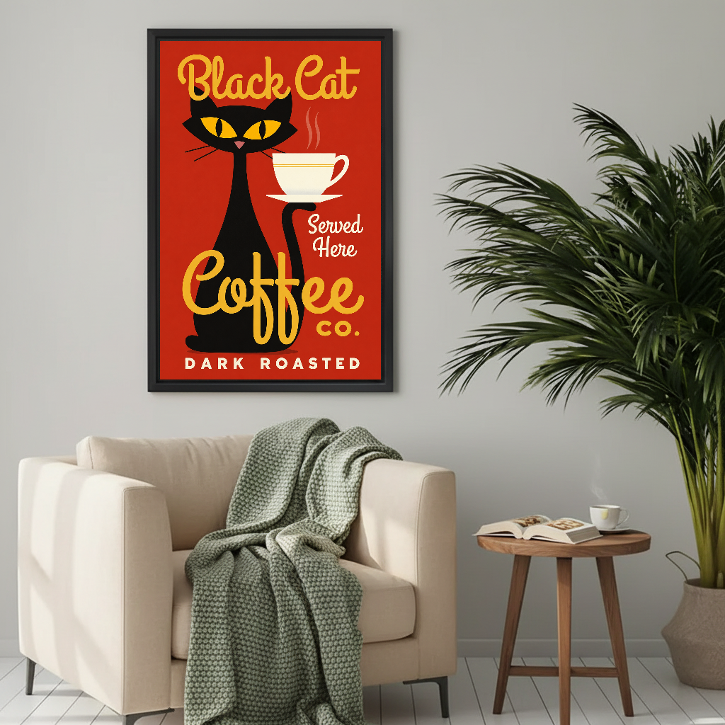 Black Cat Coffee Canvas Wall Art framed beside a cream armchair with a green knitted throw.