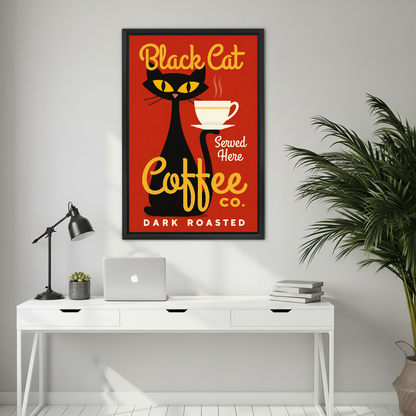 Black Cat Coffee Canvas Wall Art framed above a white desk with laptop and black lamp.