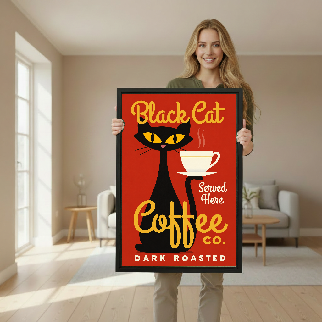 Black Cat Coffee Canvas Wall Art held in a black frame by a woman in a neutral room.